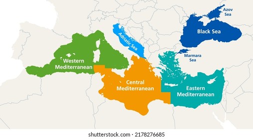 Mittelmeer und Schwarzmeer-Meeresgewässer, politische Karte. Geografische Teilregionen für die Fischerei- und Aquakulturbewirtschaftung. Mittelmeer, Adria und Schwarzes Meer.