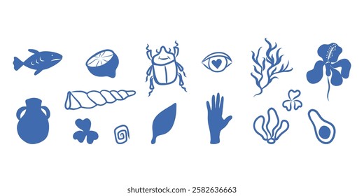 Mediterranean sea clipart, mediterranean blue colored doodles