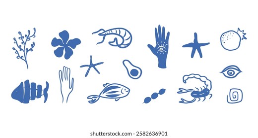 Mediterranean sea clipart, mediterranean blue colored doodles, ocean life, magic