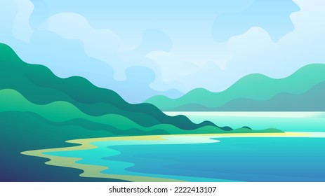 Mediterranean sea coast on green mountains background. Tropical daytime seascape.