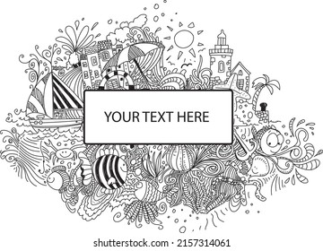 Mediterranean sea life and holidays, vector doodles collection on white background