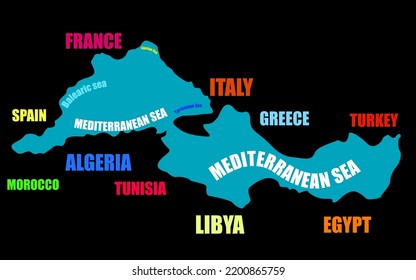 Mediterranean Sea. Map boundaries of Mediterranean Sea with other countries. Vector illustration