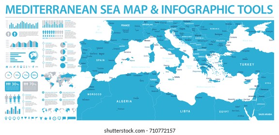 Mediterranean sea Map - Detailed Info Graphic Vector Illustration