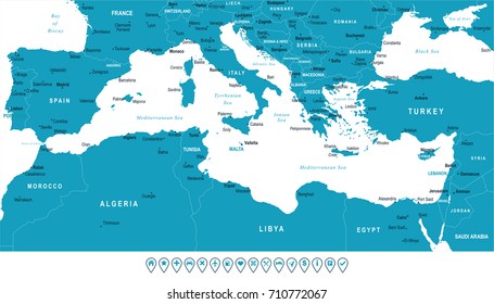 Mediterranean sea Map - Detailed Vector Illustration