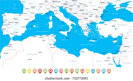 Mediterranean sea Map - Detailed Vector Illustration