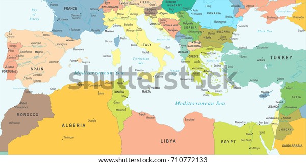 Mediterranean Sea Map Detailed Vector Illustration Stock Vector ...