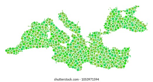 Mediterranean Sea Map mosaic of circle dots in variable sizes and eco green color tints. Dots are united into mediterranean sea map vector composition. Organic vector illustration.