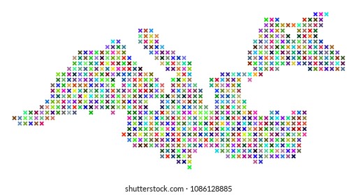 Mediterranean Sea map. Vector abstraction of geographic scheme. Regular pattern is designed of x-cross items in random colors.