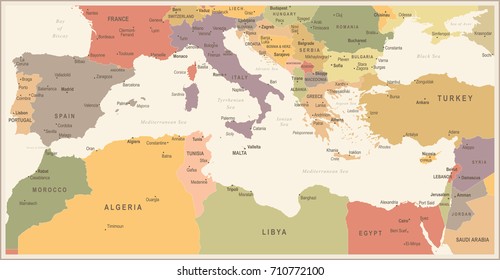 Mediterranean sea Map - Vintage Detailed Vector Illustration