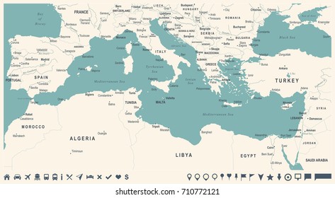 Mediterranean sea Map - Vintage Detailed Vector Illustration