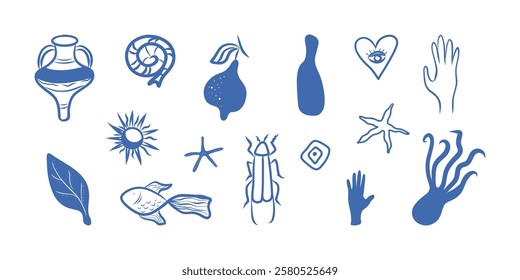 Mediterranean sea vector set, blue color drawings set
