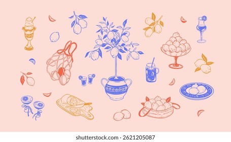 Mar Mediterrâneo vintage mão desenhada estética doodle fundo. Elementos de design de estilo Lemon la dolce vita. Praia de verão Amalfy, Positano, Sicília férias. La dolce vita estilo filigree ilustração