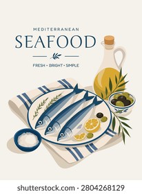 Mediterranean seafood poster in elegant flat vector with fresh sardines, olive oil, lemons, herbs. For summer design, seafood restaurants, coastal cafes, food branding, packaging, kitchen decor
