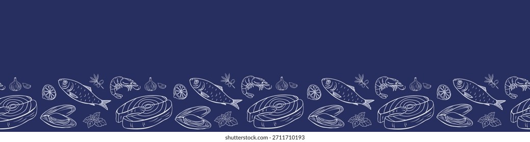 Marisco mediterrâneo moldura de fronteira sem costura com peixes, sardinhas, camarão, limão, mexilhão, azeitona e elementos de ervas na arte elegante linha náutica. Perfeito para design de menu, embalagem, projetos culinários.