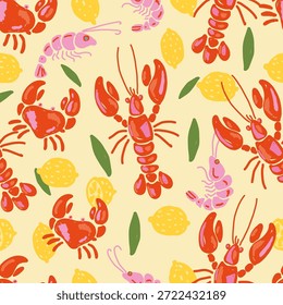 Mittelmeer-Meeresfrüchte nahtlose Muster mit Hummer, Garnelen und Zitronen. Handgezeichnetes naives Design auf hellem Hintergrund, perfekt für Küchentextilien oder Sommerpapier.