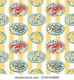 Mediterranean seafood vector doodle seamless striped pattern featuring oysters, lobster, mussels, lemons, cheese and figs on decorative patterned plates in hand-drawn colorful naive style