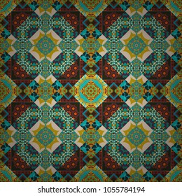 Mediterranean seamless blue, gray and brown ornament. Vector tile pattern, Lisbon floral mosaic.