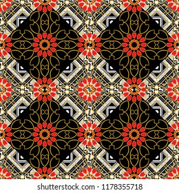 Mediterranean seamless orange, black and gray ornament. Vector tile pattern, Lisbon floral mosaic.
