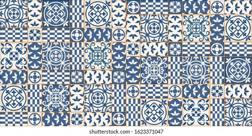 Mediterranean seamless patchwork pattern from dark blue and white Moroccan tiles, Azulejos ornaments. Can be used for wallpaper, pattern fills, web page background,surface textures. Vector