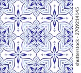 Mediterranean seamless pattern, azulejo blue tile. Ethnic mosaic design of Portuguese, Italian, Sicilian, Spanish motifs. Floral ornament, vector illustration
