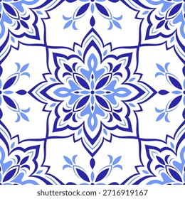Patrón mediterráneo sin fisuras. Azulejo azulejo en colores azules y fondo blanco. Diseño de mosaico. Motivos sicilianos, portugueses, italianos, españoles. Ornamento floral. Impresión para cerámica, textil. Vector