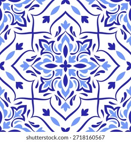 Patrón mediterráneo sin fisuras. Azulejo azulejo en colores azules y fondo blanco. Diseño de mosaico. Motivos sicilianos, portugueses, italianos, españoles. Ornamento floral. Impresión para cerámica, textil. Vector