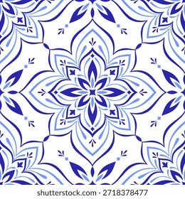 Patrón mediterráneo sin fisuras. Azulejo azulejo en colores azules y fondo blanco. Diseño de mosaico. Motivos sicilianos, portugueses, italianos, españoles. Ornamento floral. Impresión para cerámica, textil. Vector