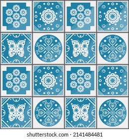 mediterranes, nahtloses Muster in blauer Farbe.
Portugiesischer Vektor Azulejo Fliesen. Vektorgrafik.
