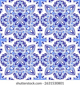 Mediterranean seamless pattern with blue tiles, white background. Abstract mosaic design. Portuguese, Italian, Spanish motifs. Floral ornament, print for home textile or ceramic. Vector illustration