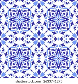 Nahtloses Mittelmeermuster auf blauen Fliesen, weißer Hintergrund. Ethnisches Mosaik-Design. Portugiesische, italienische, spanische Motive. Blumenornament, Druck für Heimtextilien oder Keramik. Vektorgrafik