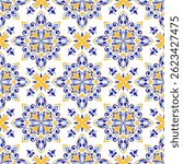 Mediterranean seamless pattern with blue yellow tiles and white background. Mosaic design, Portuguese, Italian motifs. Floral ornament, print for home textile or ceramic. Vector illustration