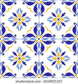 Mediterranean seamless pattern with blue yellow tiles and white background. Mosaic design, Portuguese, Italian motifs. Floral ornament, print for home textile or ceramic. Vector illustration