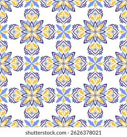 Mediterranean seamless pattern of blue yellow tiles. Ethnic mosaic design of Portuguese, Italian, Spanish motifs. Floral ornament,  vector illustration