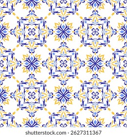 Mediterranean seamless pattern with blue yellow tiles and white background. Mosaic design, Portuguese, Italian motifs. Floral ornament, print for home textile or ceramic. Vector illustration
