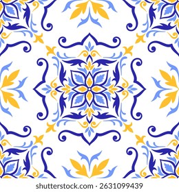 Mediterranean seamless pattern of blue yellow tiles, white background. Ethnic mosaic design. Portuguese, Italian, Spanish motifs. Floral ornament for home textile or ceramic. Vector illustration