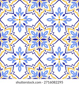 Patrón mediterráneo sin fisuras, azulejo amarillo azul. Diseño de mosaico étnico de motivos portugueses, italianos, sicilianos, españoles. Ornamento floral, Ilustración vectorial