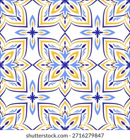 Patrón mediterráneo sin fisuras, azulejo amarillo azul. Diseño de mosaico étnico de motivos portugueses, italianos, sicilianos, españoles. Ornamento floral, Ilustración vectorial