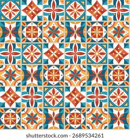 Mittelmeer nahtloses Muster mit bunten Fliesen. Hintergrund mit hellem geometrischem Ornament