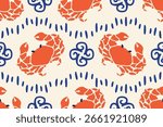 Mediterranean seamless pattern with crabs and doodles elements. La dolce vita background. Hand drawn Seafood template in Italian style. Vector flat illustration menu, wall art, print, cafe, restourant