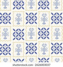 Mediterranean seamless pattern. Hand drawn lobster and Italian tiles design for backgrounds, presentations, wrapping papers, prints, artworks.