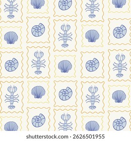 Mediterranean seamless pattern. Hand drawn lobster and shells design backgrounds, presentations, wrapping papers, prints, artworks.