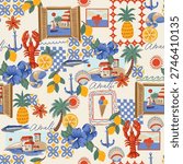 Mediterranean seamless pattern inspired by Amalfi coast featuring lemons, lobster, palm trees, blue tiles, hibiscus flowers and seaside landscapes. Bright summer illustration with coastal vibe. Perfect for textile, wallpaper, wrapping paper and vacation themed decor.
