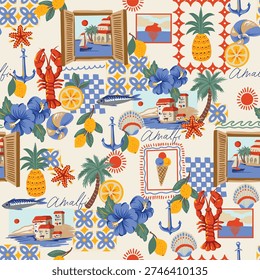 Mediterranean seamless pattern inspired by Amalfi coast featuring lemons, lobster, palm trees, blue tiles, hibiscus flowers and seaside landscapes. Bright summer illustration with coastal vibe. Perfect for textile, wallpaper, wrapping paper and vacation themed decor.