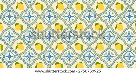 Mediterranean seamless pattern with lemons and blue tile patterns. Italy. Amalfi. Repeating background in a summery style.