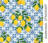 Mediterranean seamless pattern with lemons in bowls and citrus branches