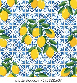 Mediterranean seamless pattern with lemons in bowls and citrus branches