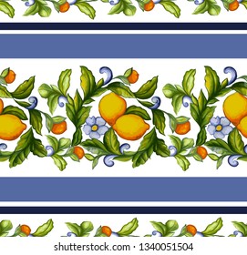 Mediterranean Seamless Pattern Of Lemons And Flowers