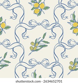Mediterranean seamless pattern with lemons, olives and ribbons. La dolce vita summer background with hand-drawn lemons, olives, and elegant blue ribbon bows for fabric, wrap, packaging, card, decor.