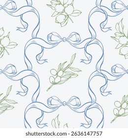 Padrão mediterrânico sem emenda com limões, azeitonas e fitas. La dolce vita verão linha arte fundo com mão desenhado limões, azeitonas, e arcos de fita azul elegante para tecido, envoltório, embalagem, cartão.
