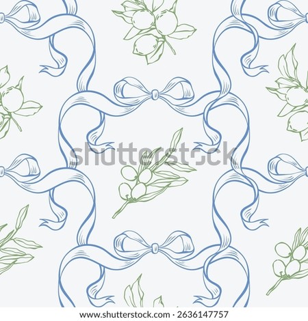 Mediterranean seamless pattern with lemons, olives and ribbons. La dolce vita summer line art background with hand drawn lemons, olives, and elegant blue ribbon bows for fabric, wrap, packaging, card.